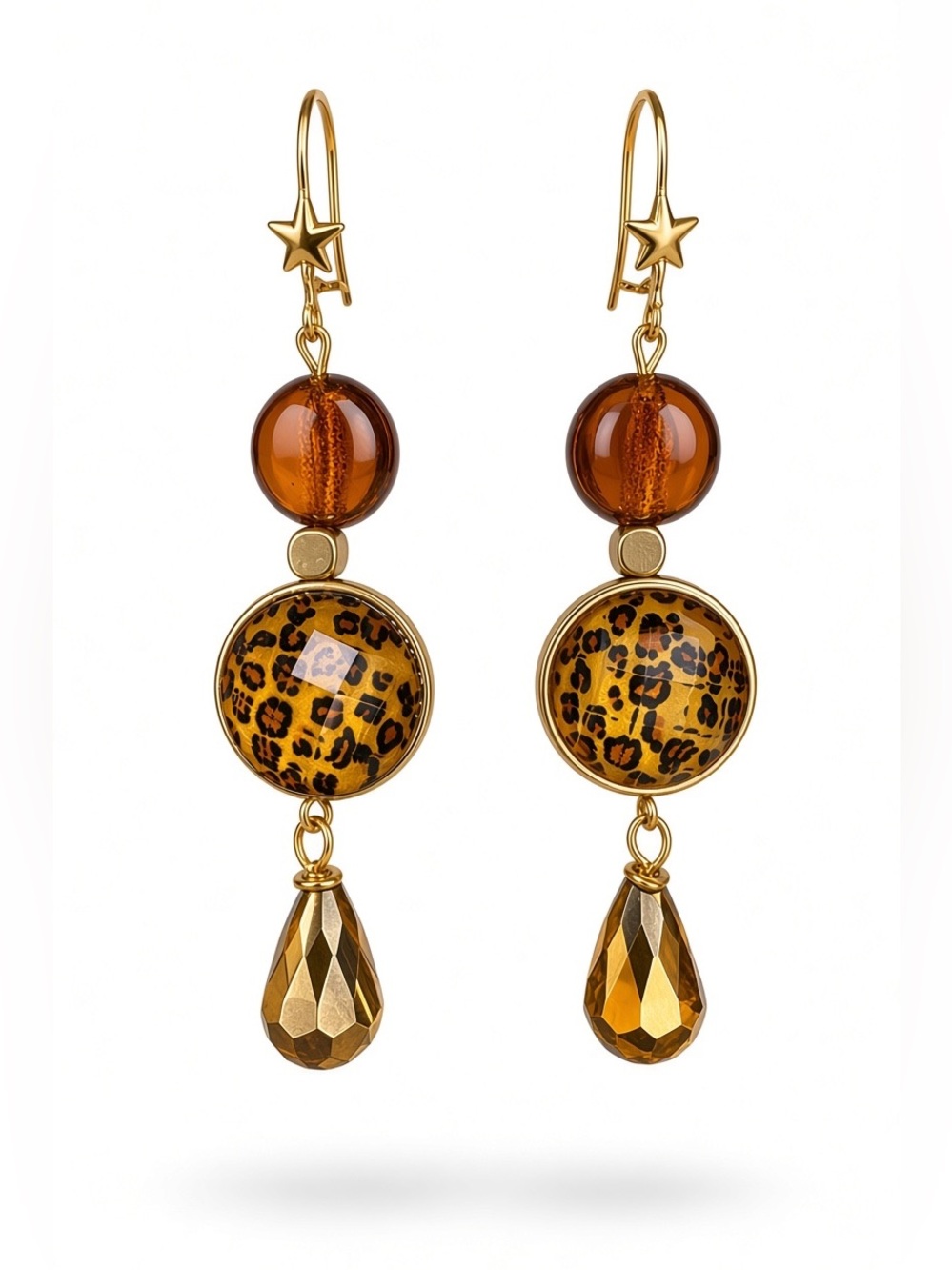 Handmade (by me!) Gold-Tone Leopard Glass Drop Earrings - Amber Brown